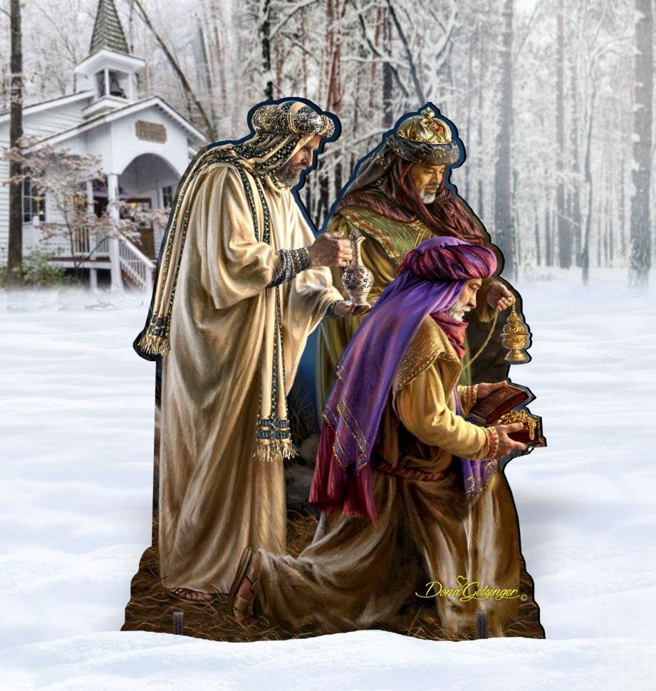 Three Kings nativity outdoor figurine set with gold and purple robes, holding gifts