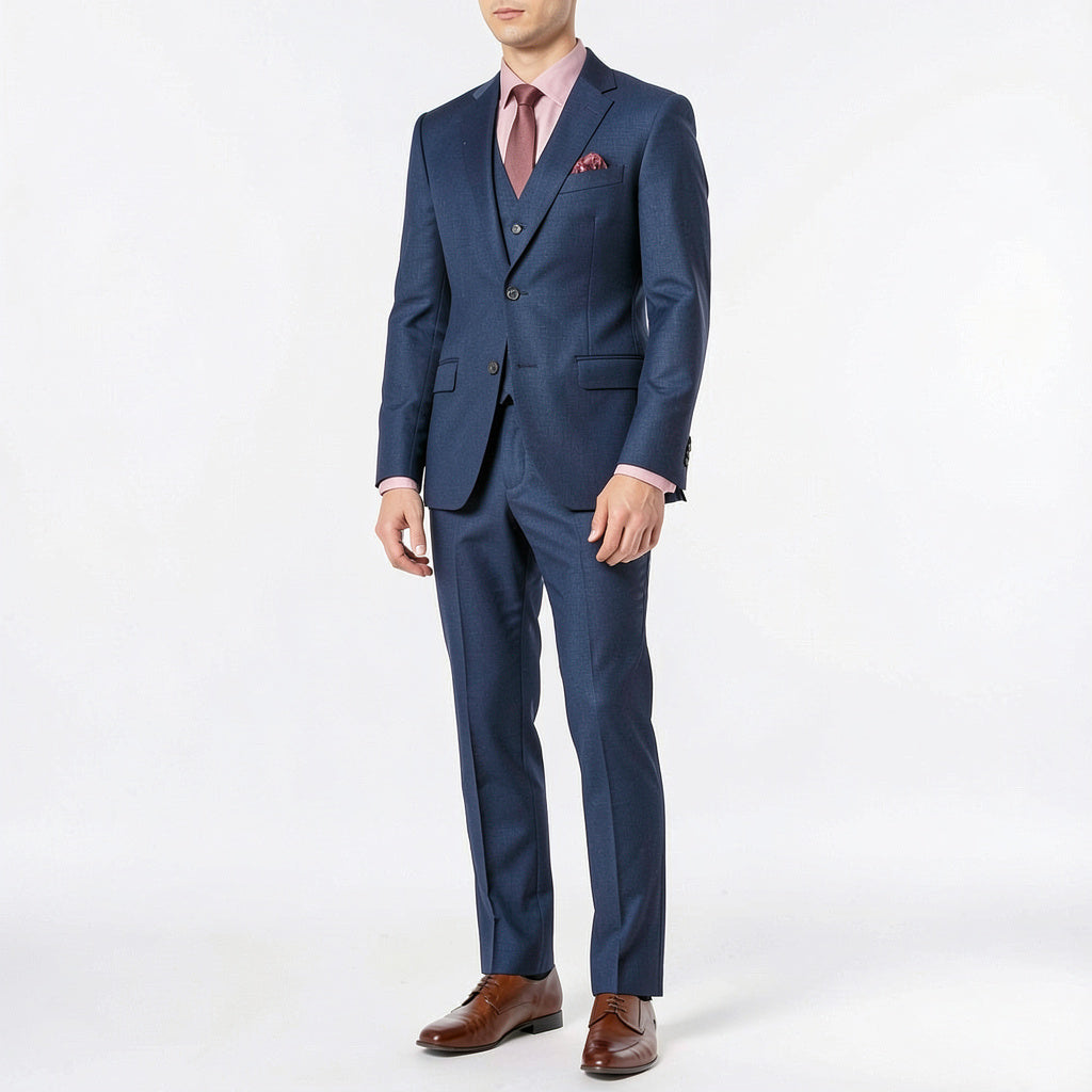 Men's blue extra-slim suit with matching vest, notch lapels, and pink striped tie