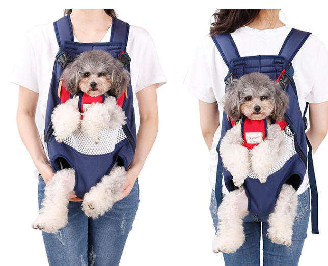 Navy pet carrier backpack with white mesh belly panel and front viewing opening