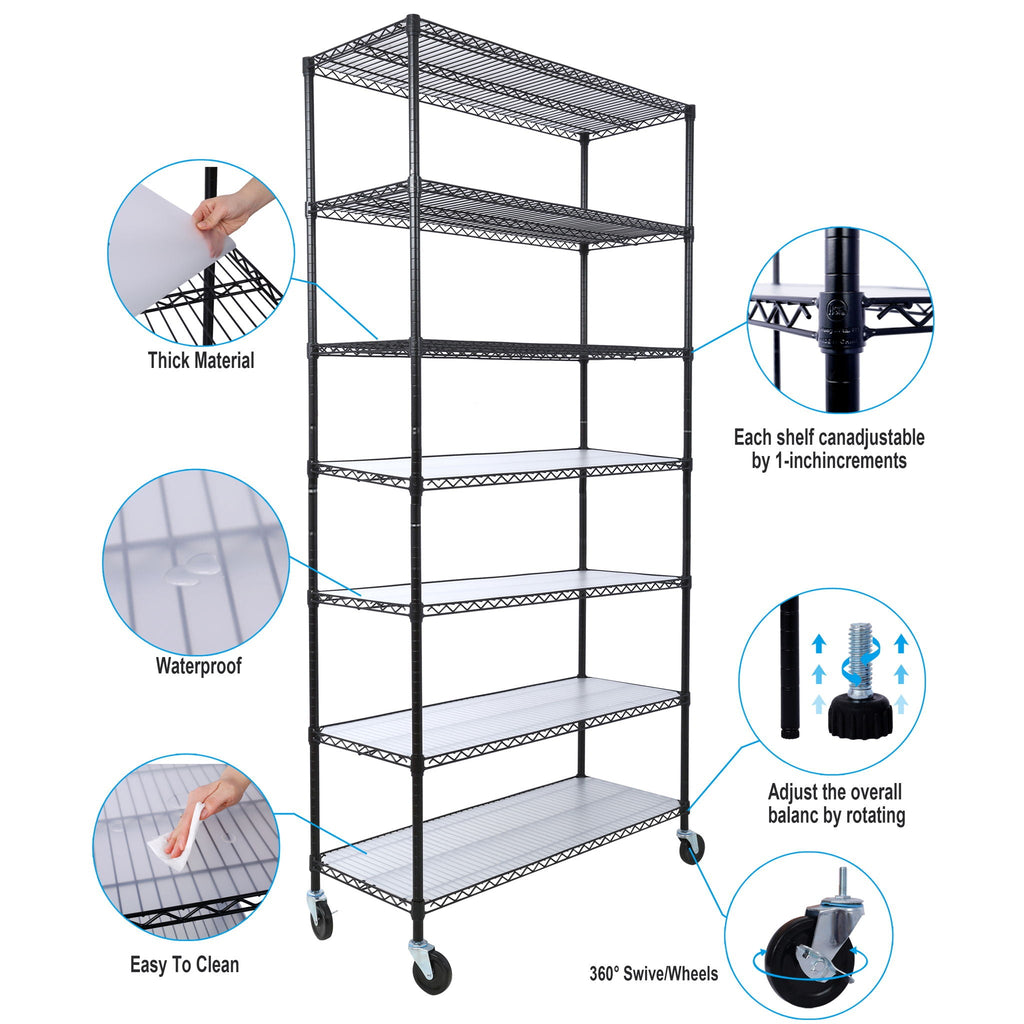 Black metal wire shelving unit with casters, adjustable shelves, and heavy-duty frame