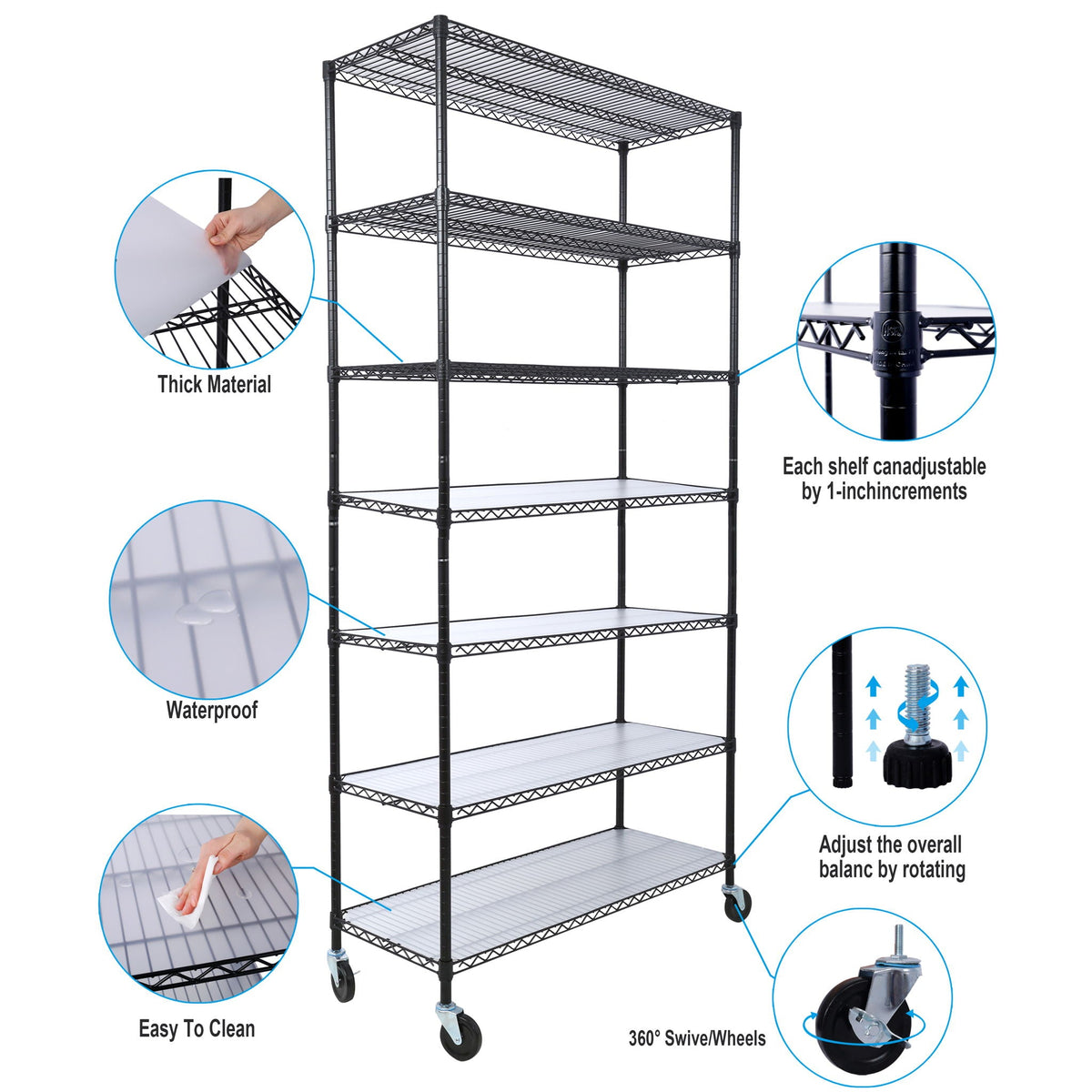 Black metal wire shelving unit with casters, adjustable shelves, and heavy-duty frame