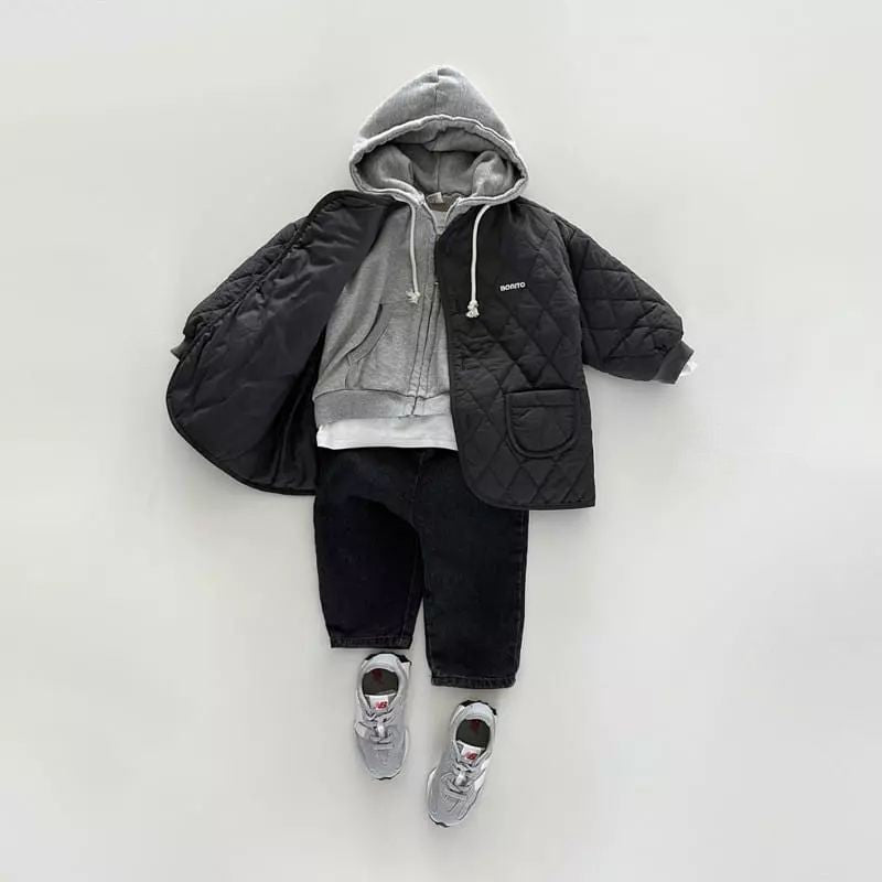 Baby cotton coat, black quilted with hood, front snap placket and side pocket