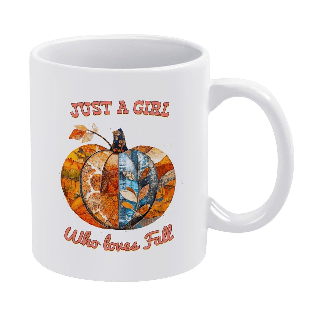 White ceramic mug with handle, full pumpkin graphic and 'Just a Girl' text