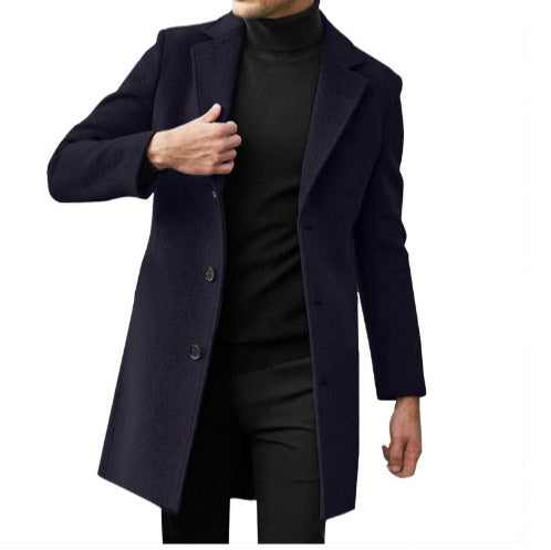 Men's mid-length long-sleeve wool coat, dark navy with button front and notched lapels