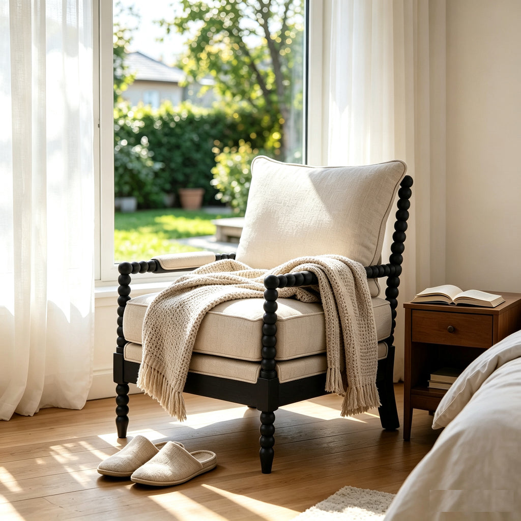 Cream upholstered accent chair with black beaded wood frame and draped throw