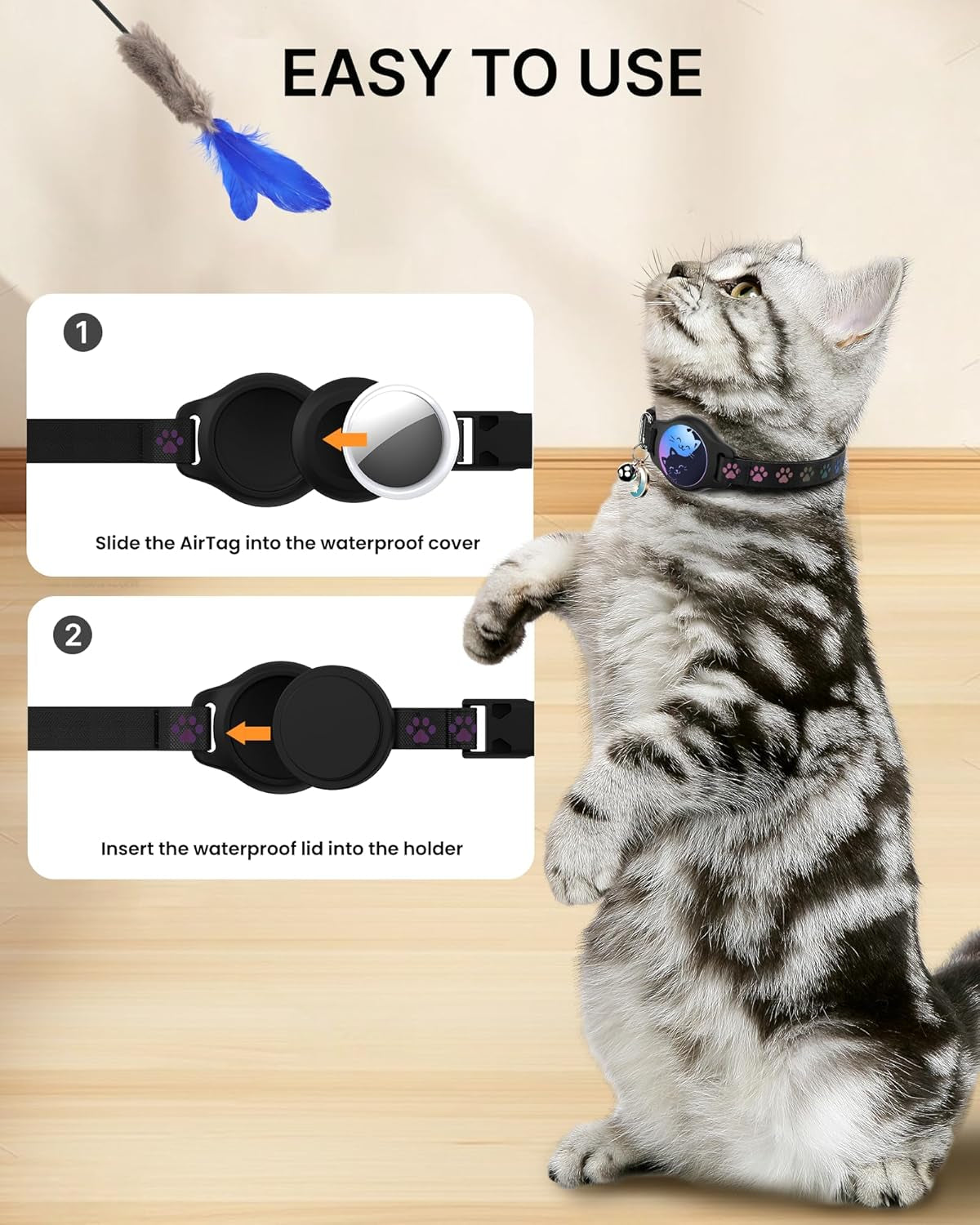 Black cat collar with a waterproof AirTag holder, shown with insertion steps