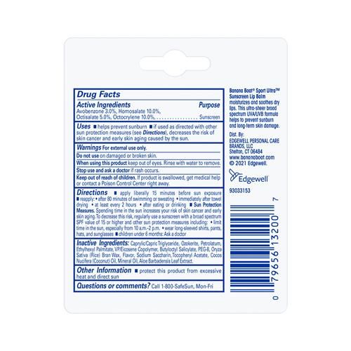 Banana Boat Sport Ultra SPF 50 lip sunscreen twin pack with drug facts label