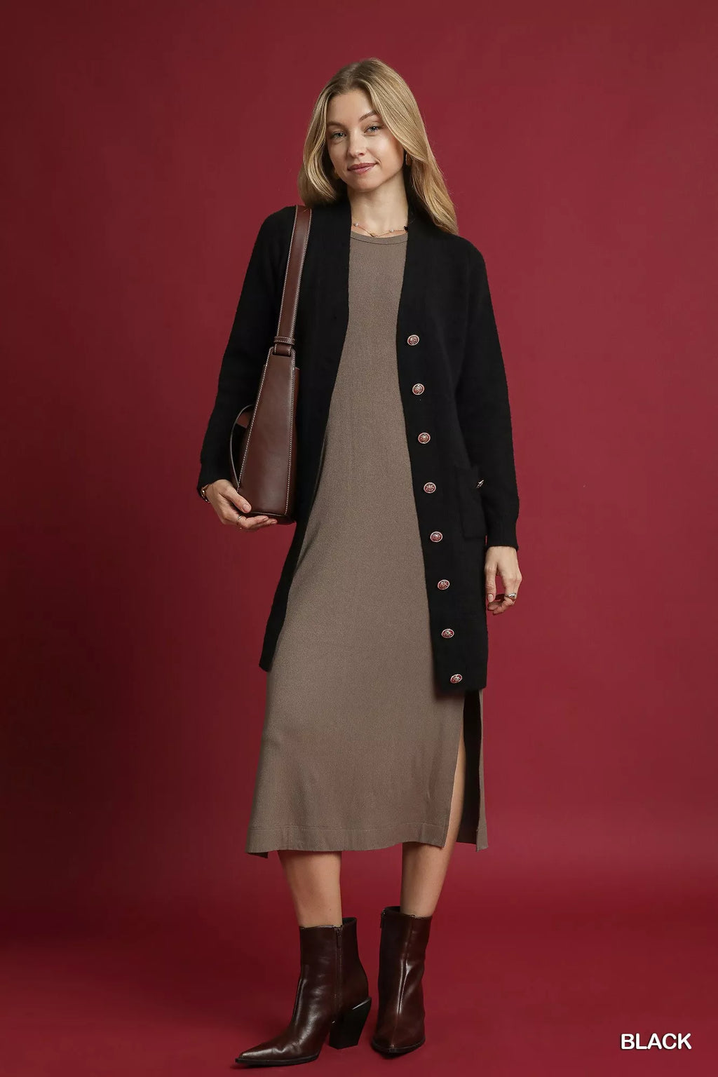 Black longline button-front sweater cardigan with front pockets