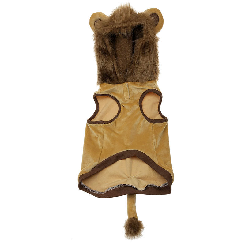 Pet lion costume dress with plush mane hood, back seam, and brown hem