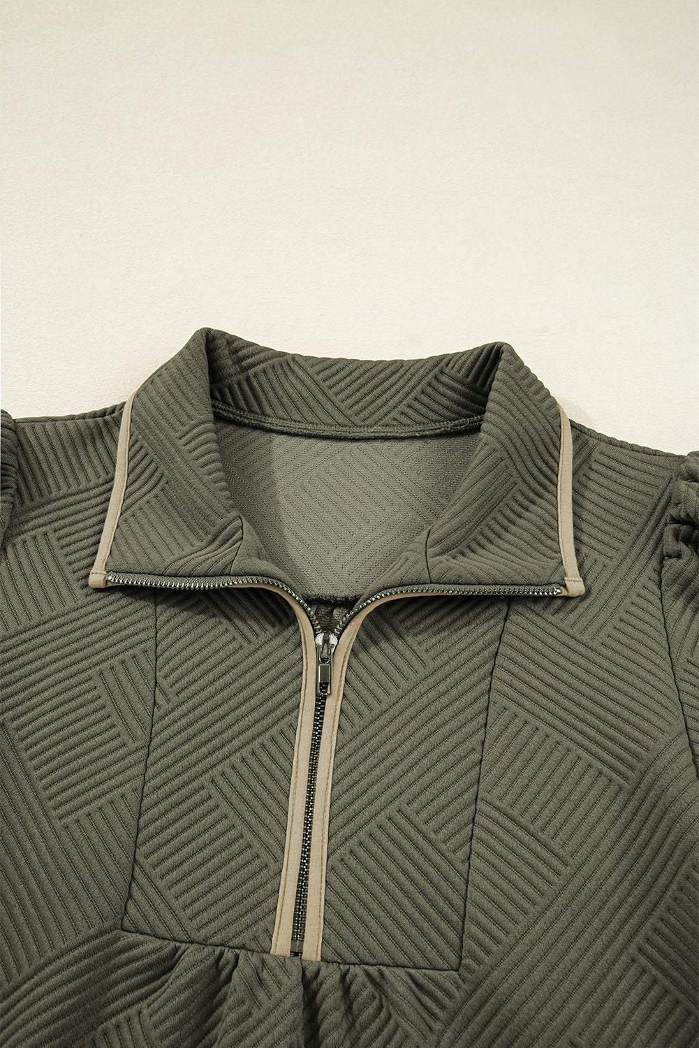 Jungle green textured mini dress neckline detail with quarter-zip and stand collar