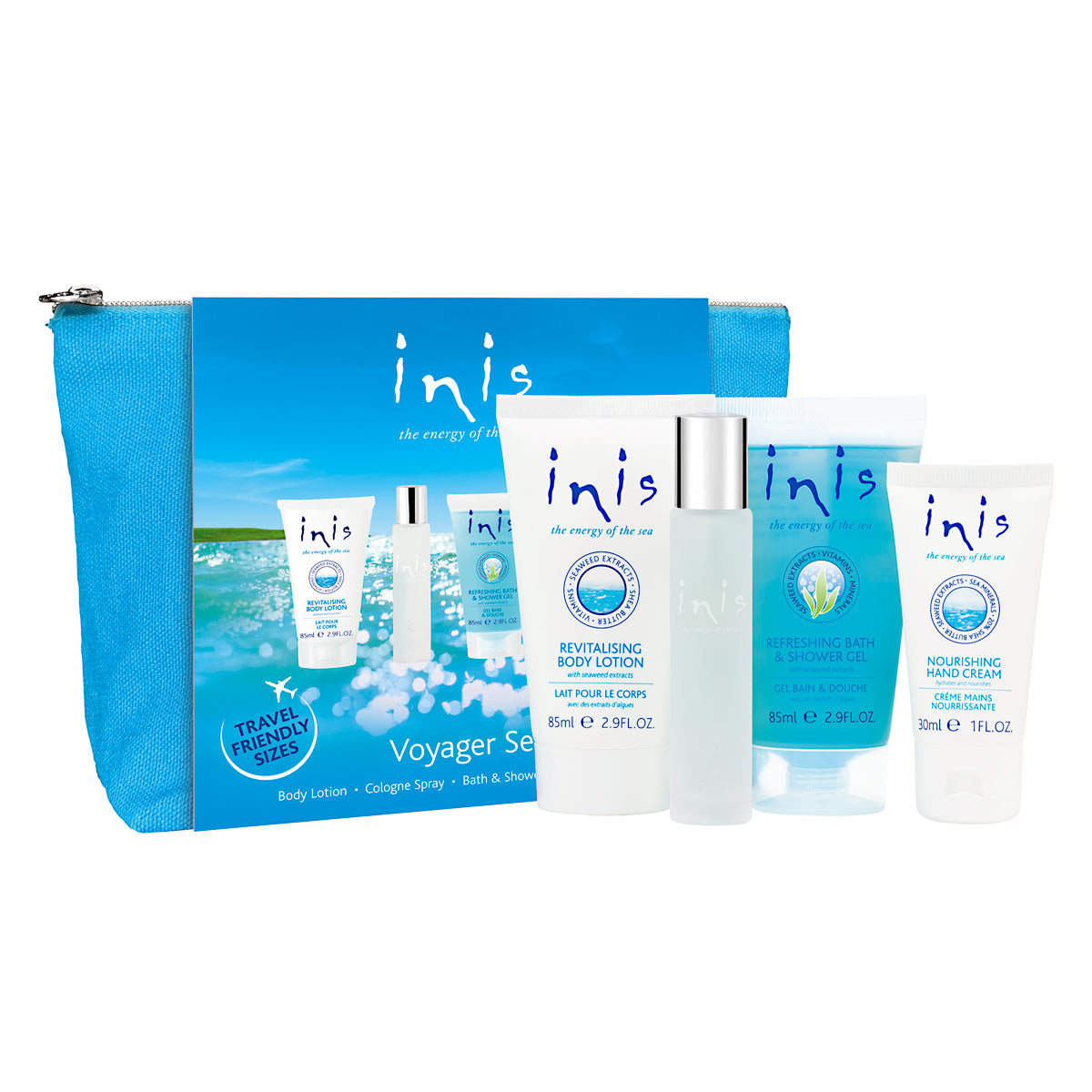 Inis Energy of the Sea Voyager gift set with blue pouch and body care bottles