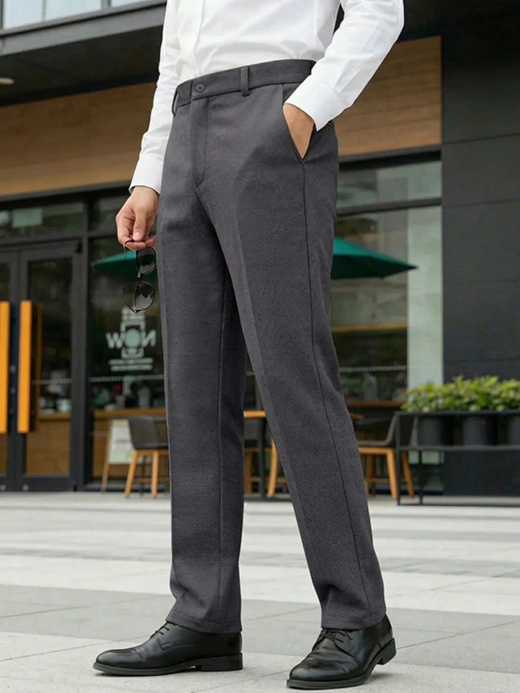 Men's classic-fit dress pants, dark gray, flat front with belt loops