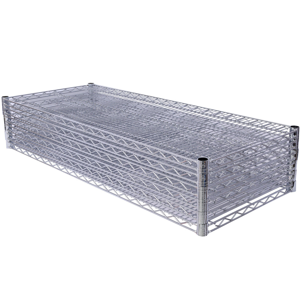 Gray metal wire base platform shelf with raised side rails and integrated frame