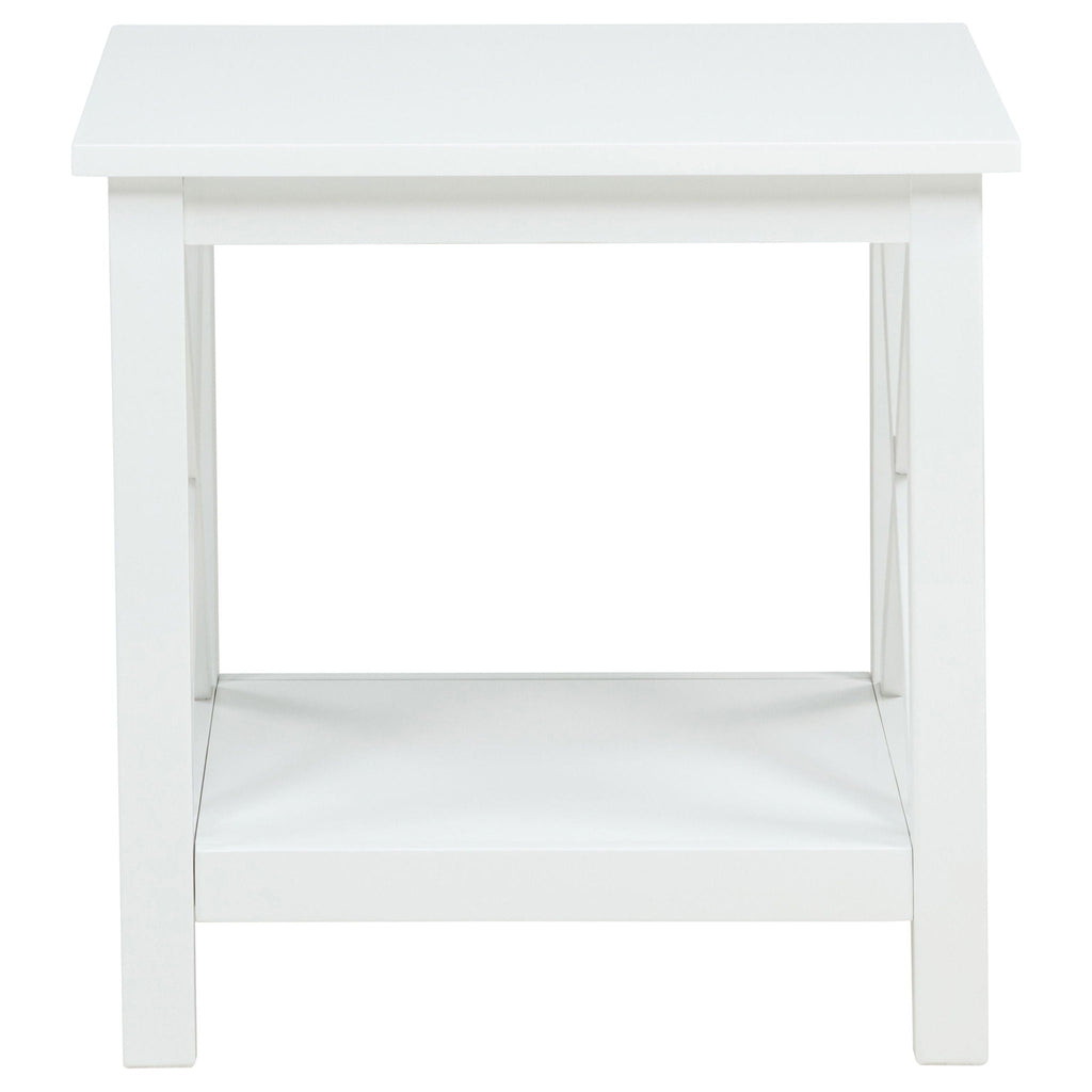 White square end table frame with open shelf and X braces, front view