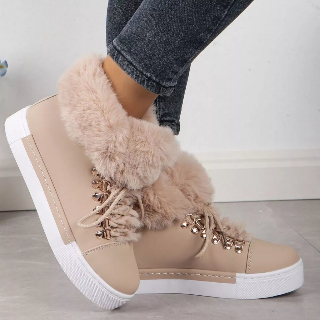 Beige lace-up ankle boots with faux-fur cuff and gold lace hardware