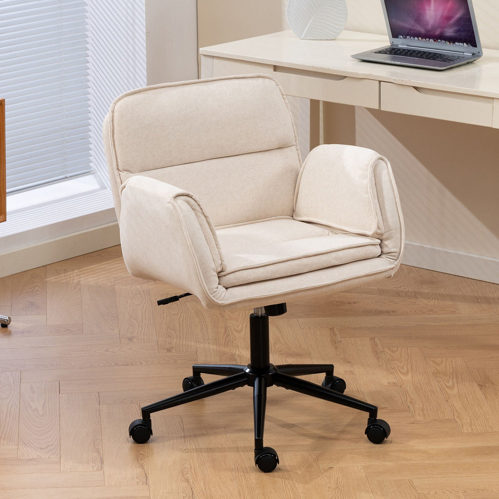 Beige fabric swivel office chair with padded armrests and rolling caster base