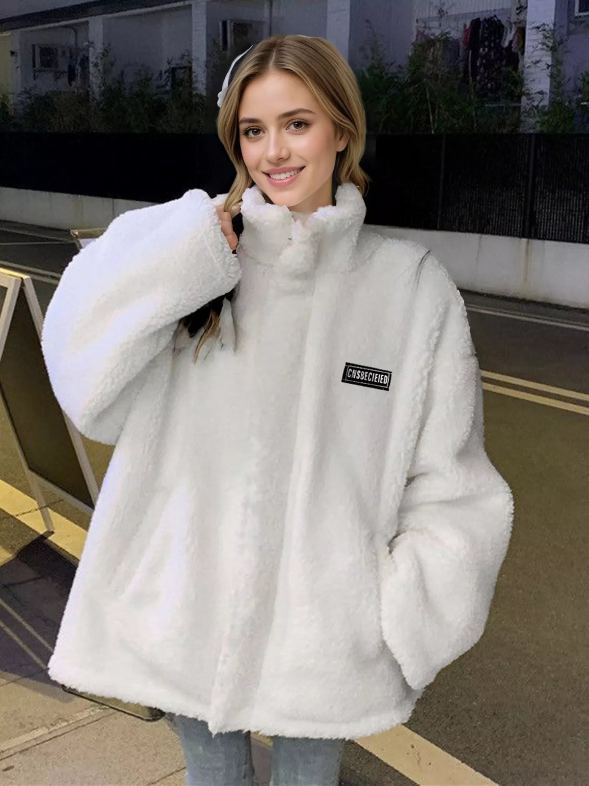 White sherpa fleece zip-up jacket with stand collar and logo patch, front view