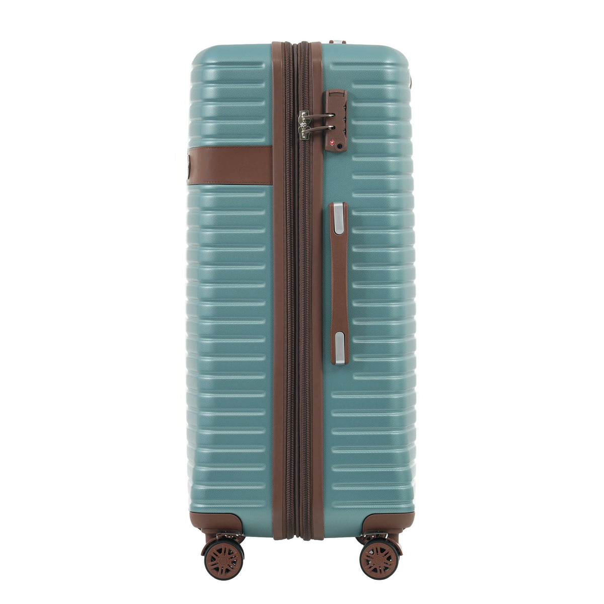 Teal hard-shell upright suitcase with brown side accents, telescoping handle, and 4 wheels.