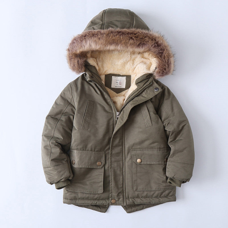 Boys insulated winter jacket with faux fur hood, olive green, zip front and flap pockets