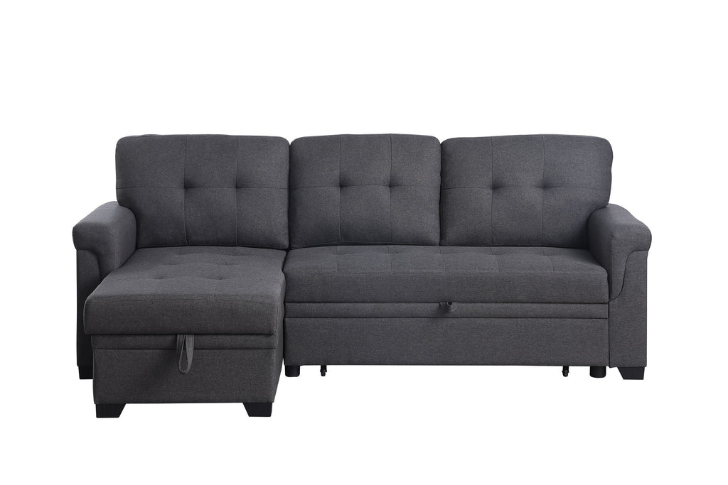 Dark gray sleeper sectional sofa with tufted backrest, armrests, and pull-out chaise
