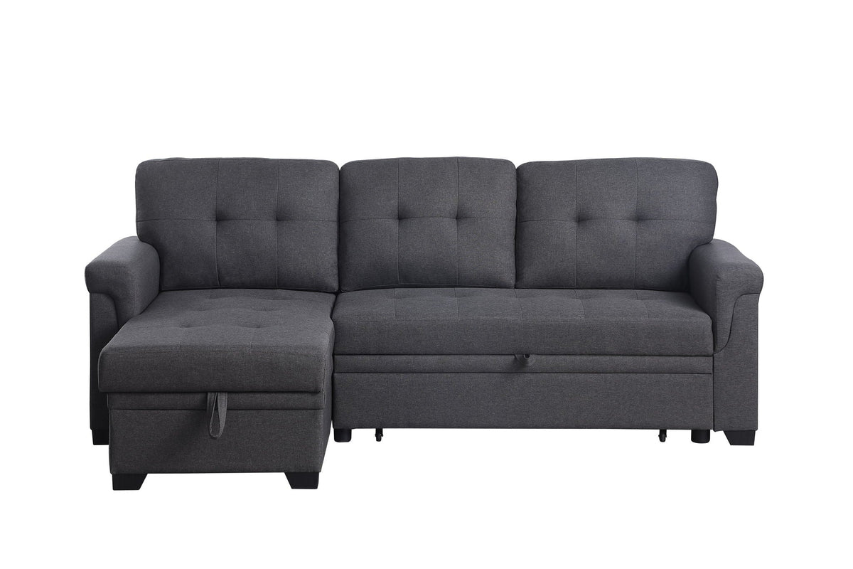 Dark gray sleeper sectional sofa with tufted backrest, armrests, and pull-out chaise