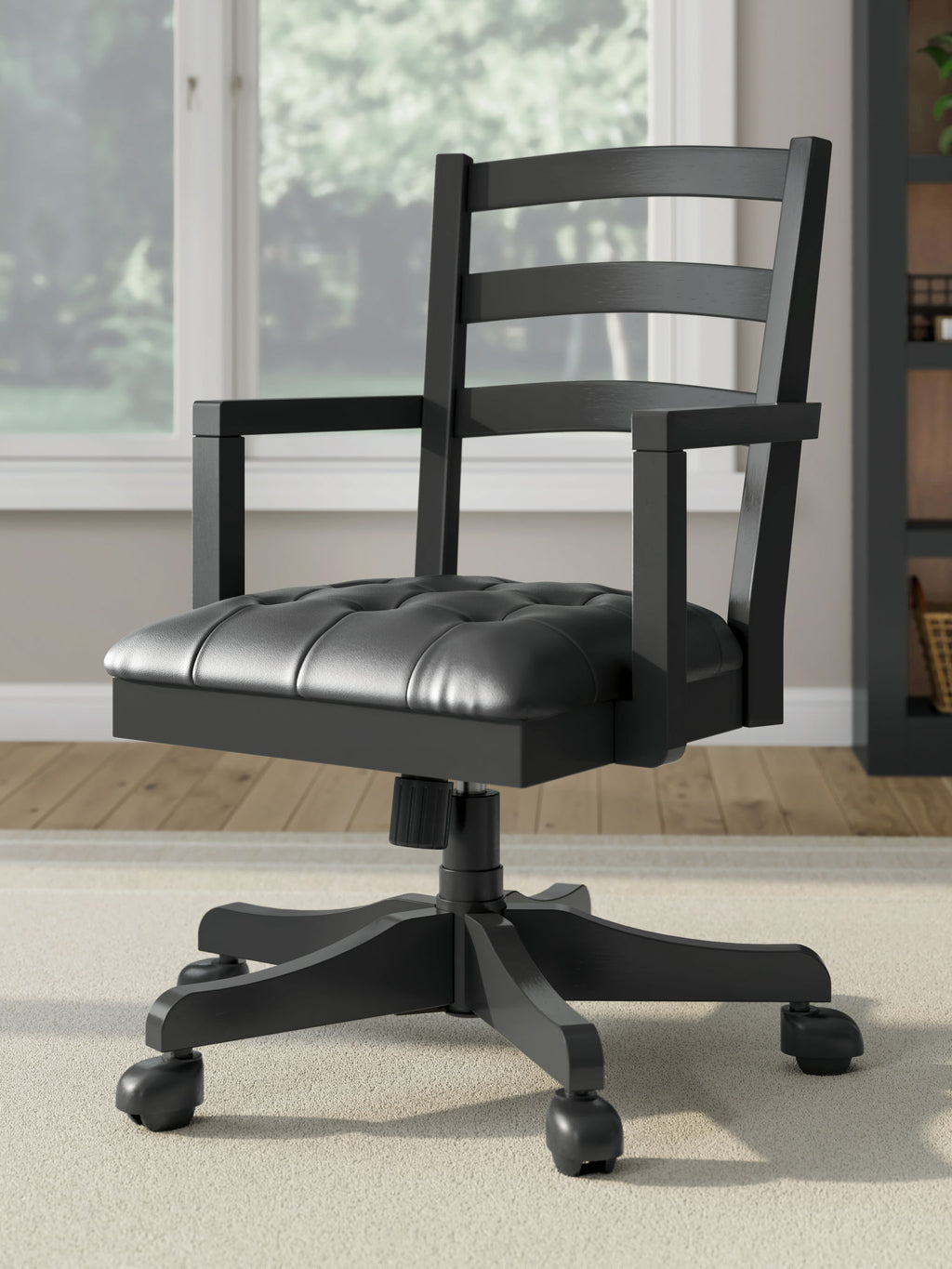 Swivel desk chair with black frame, dark seat cushion, and five-leg rolling base.