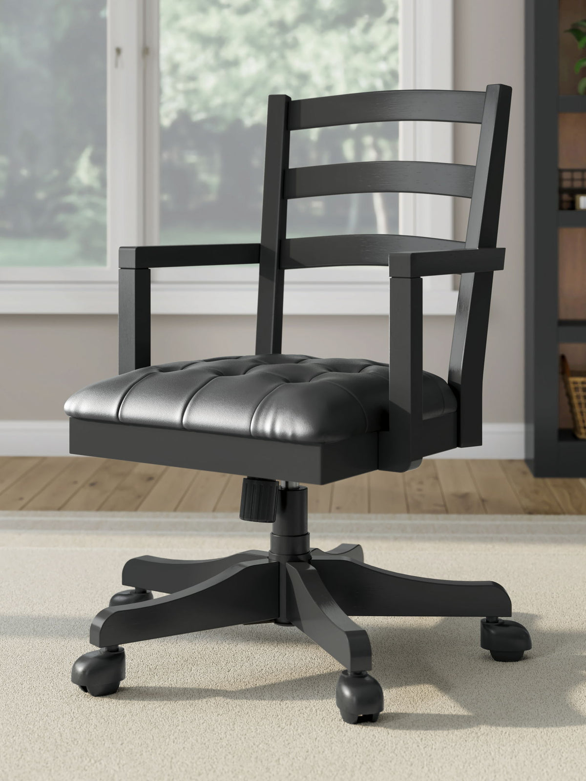 Swivel desk chair with black frame, dark seat cushion, and five-leg rolling base.