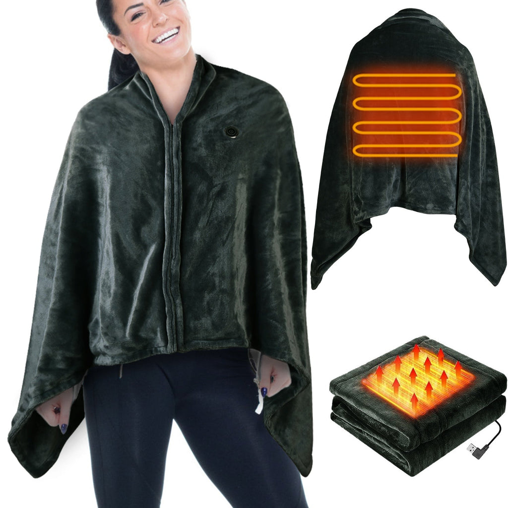 Hooded heated poncho with glowing orange heating panel and front zipper, dark plush