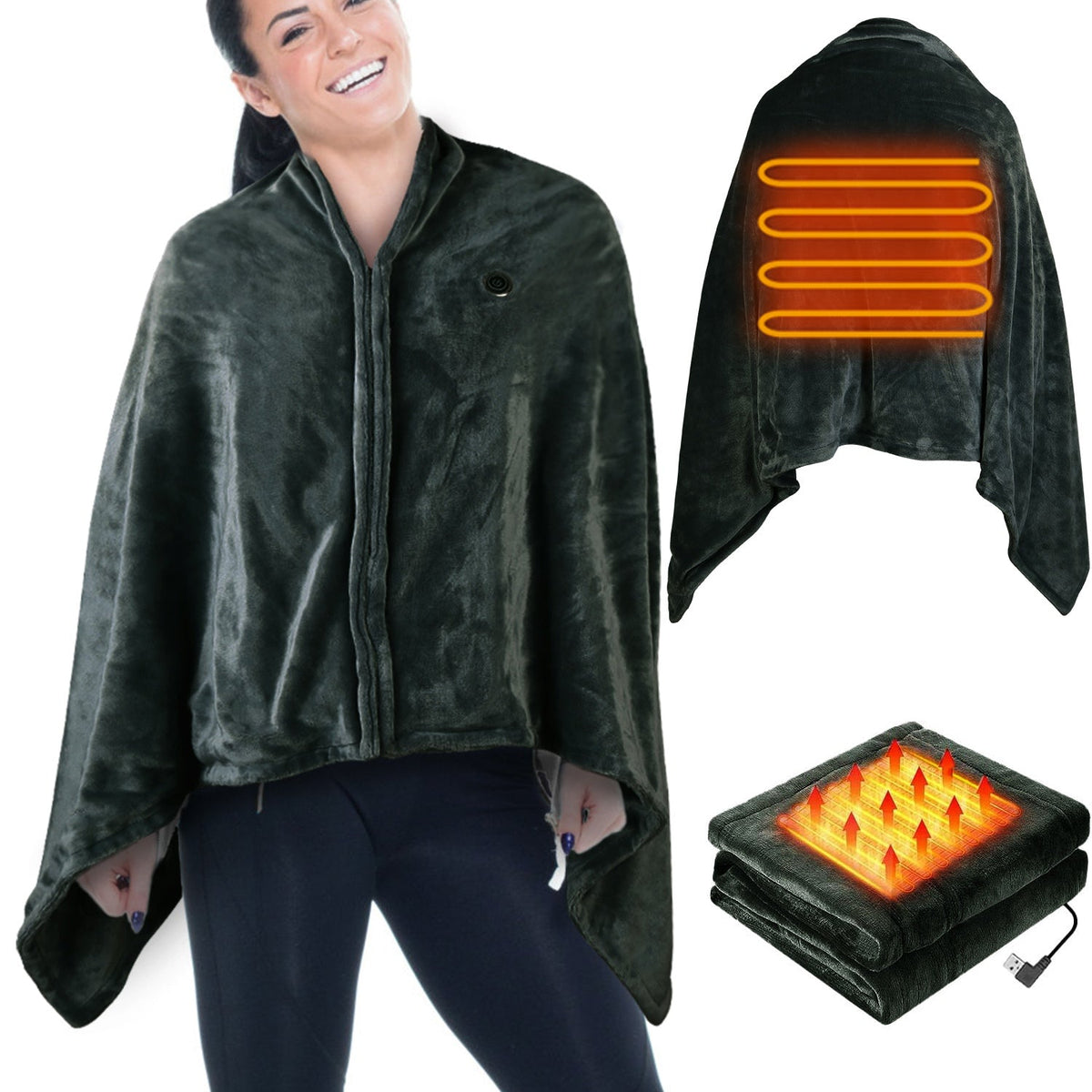 Hooded heated poncho with glowing orange heating panel and front zipper, dark plush
