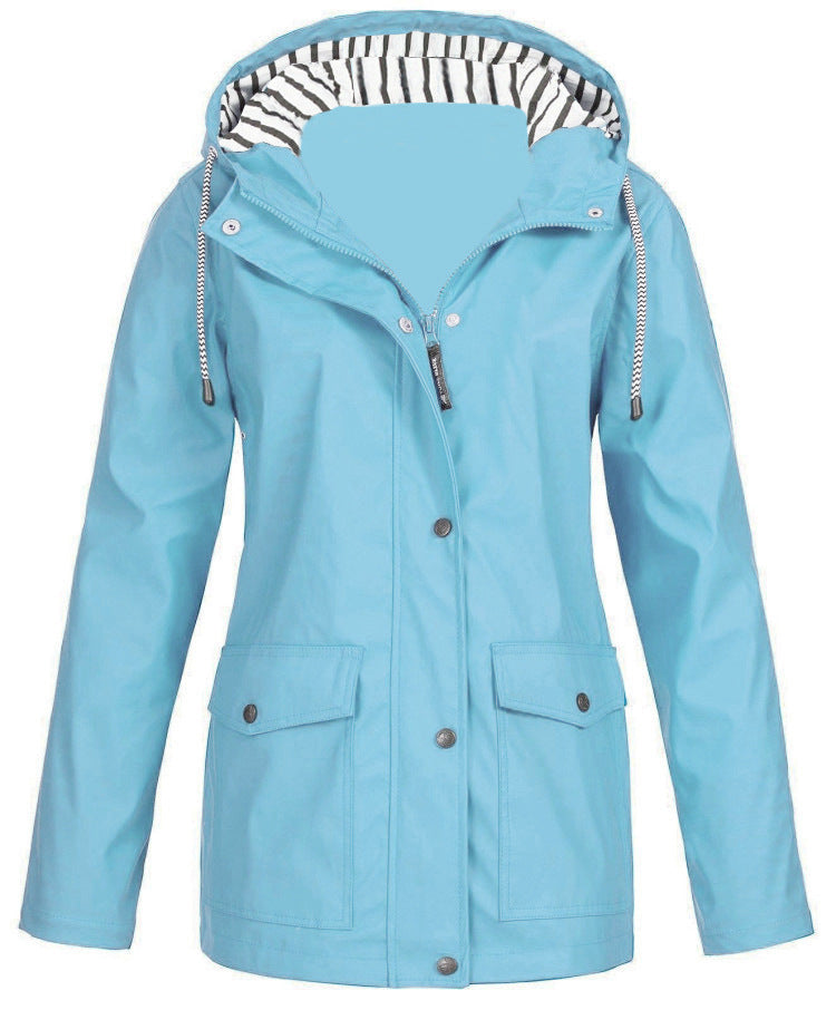 Three-in-one waterproof jacket in light blue, hooded with drawstring toggles