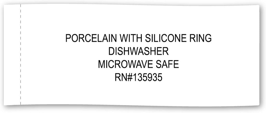 Pet bowl product label stating porcelain with silicone ring; dishwasher and microwave safe.