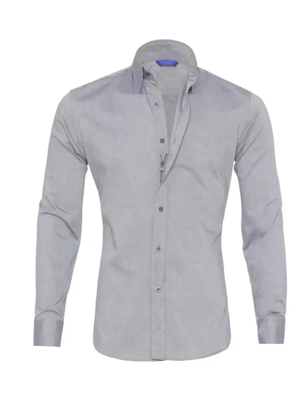 Gray men’s long-sleeve button-down business shirt with spread collar and front buttons