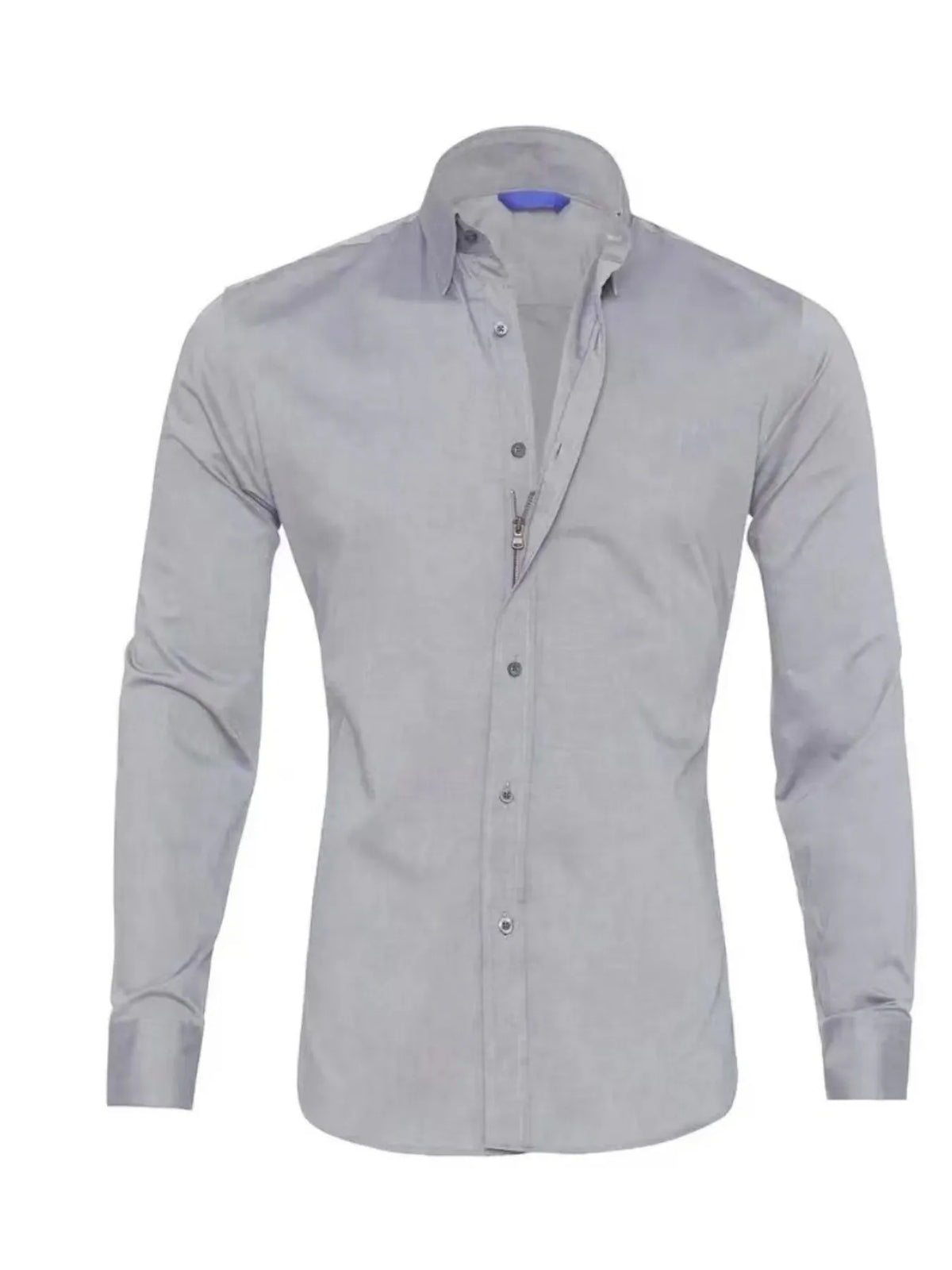 Gray men’s long-sleeve button-down business shirt with spread collar and front buttons