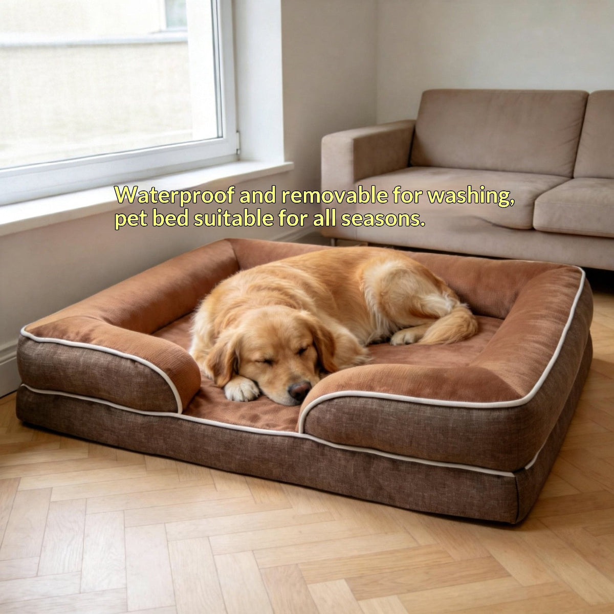 Brown dog bed with removable cover and padded bolsters, with a resting golden retriever