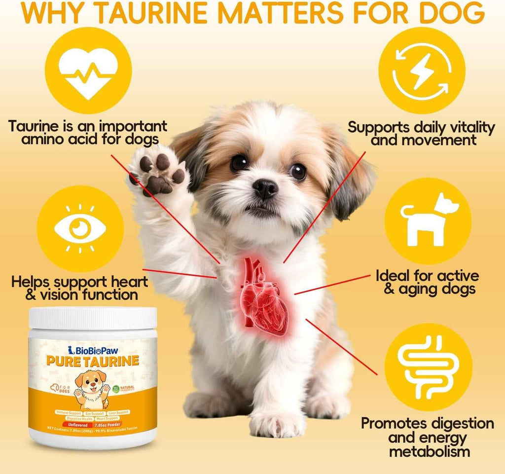 Small dog illustration with taurine tub and heart, vision, and digestion icons