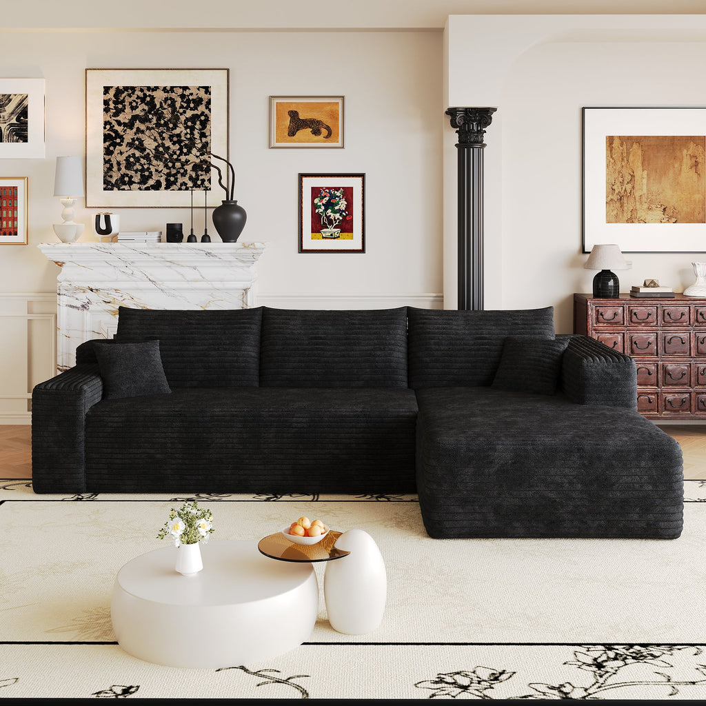 Modern corduroy sectional sofa with chaise and multiple back pillows, front view