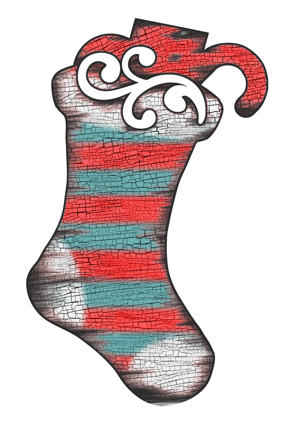 Red, teal, and silver striped Christmas stocking door hanger with swirled white top
