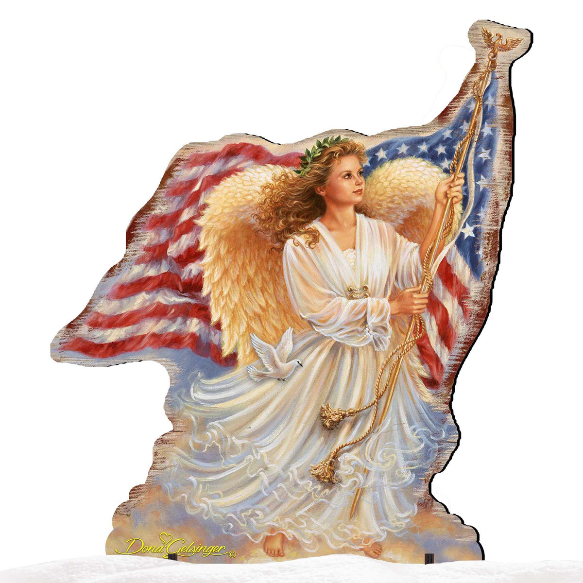 Freedom Angel yard decor cutout with trumpet, white dress, and American flag drape