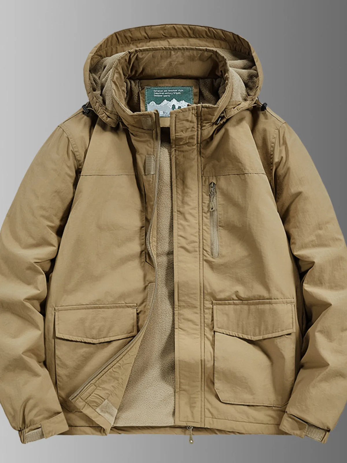 Men's waterproof hooded outdoor jacket, khaki with front zip and dual chest pockets