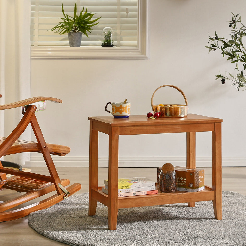 Rectangular wood end table with a lower shelf for books and storage