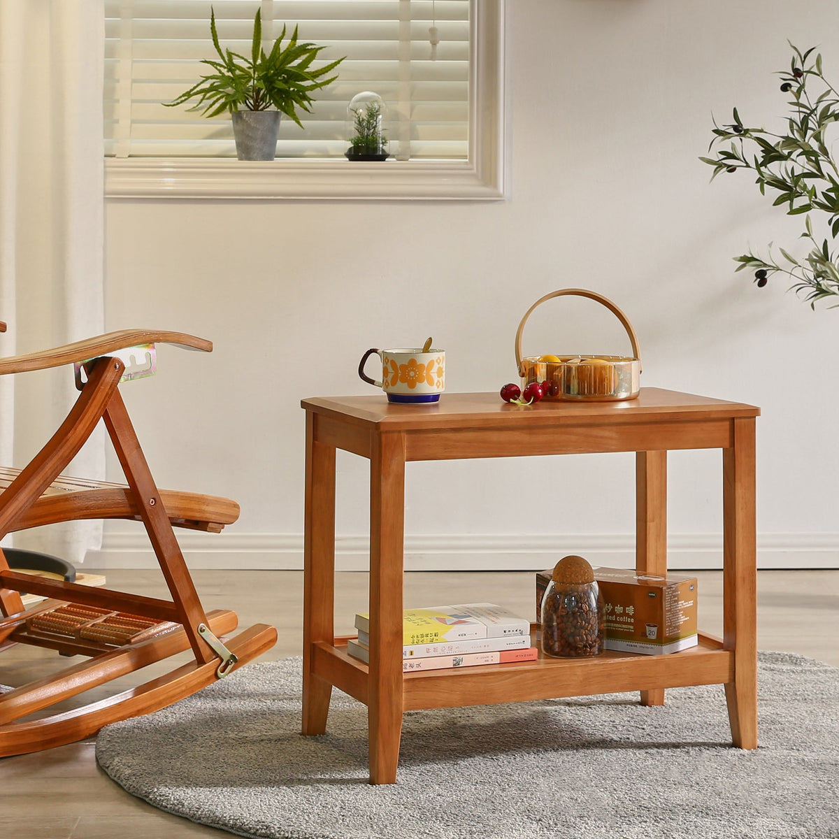 Rectangular wood end table with a lower shelf for books and storage