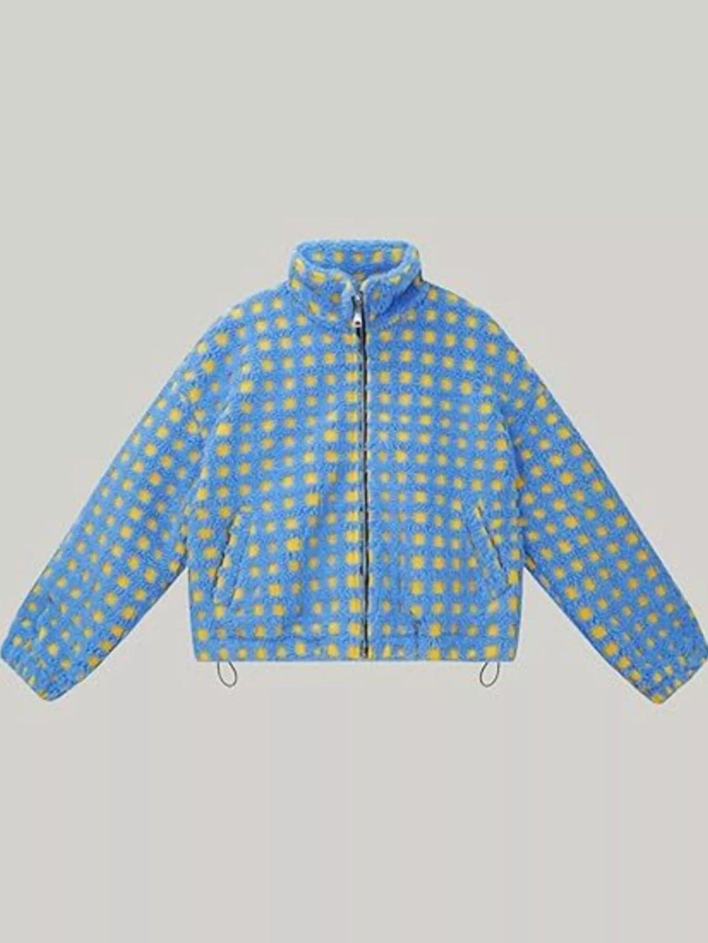 Plaid zip-up sherpa jacket with hood, light blue and yellow dot grid, full front view
