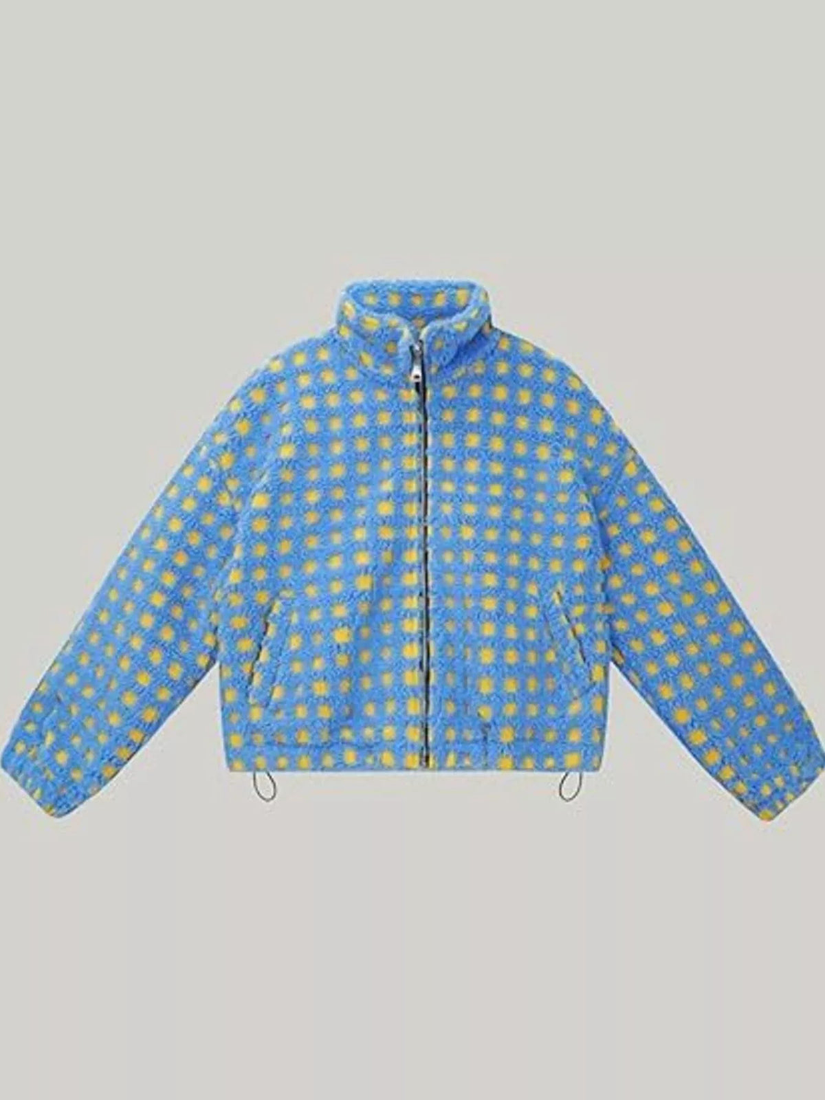 Plaid zip-up sherpa jacket with hood, light blue and yellow dot grid, full front view