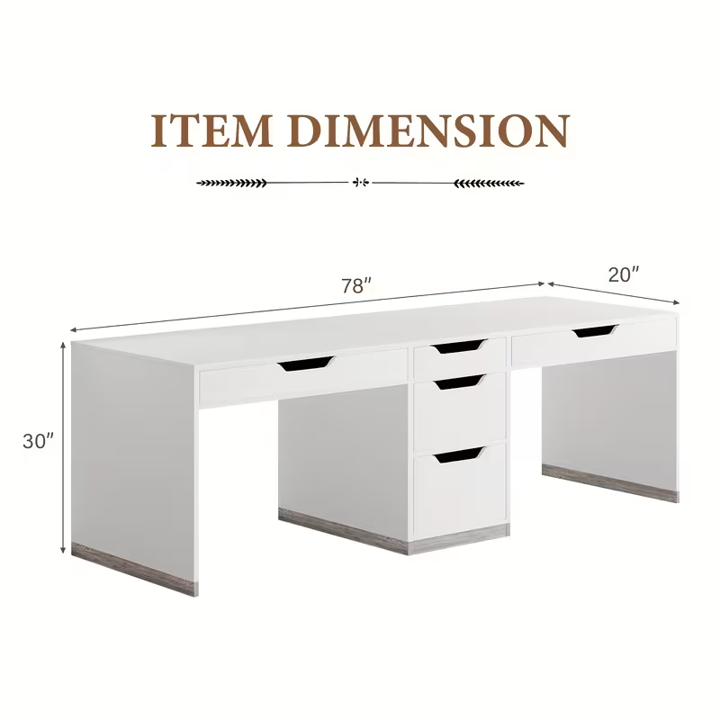 White desk layout diagram with five drawer openings and 78 in wide frame.