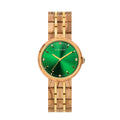 Womens quartz watch with green dial, gold hands, and light tan link strap