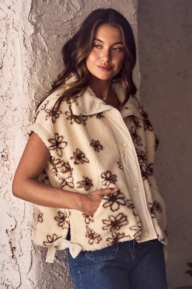 Oversized sleeveless sherpa vest jacket, cream with dark brown floral embroidery, button front