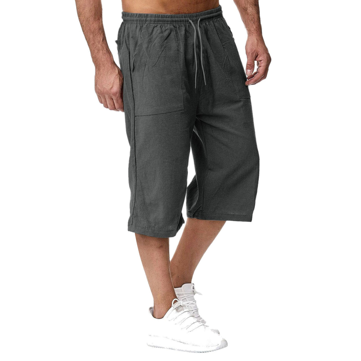 Men's dark gray cotton-linen drawstring shorts with elastic waist and side pockets