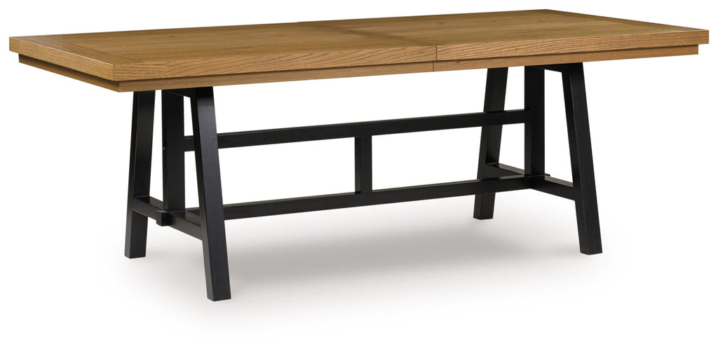 Rectangular dining table with brown wood-look surface and black cross-braced legs
