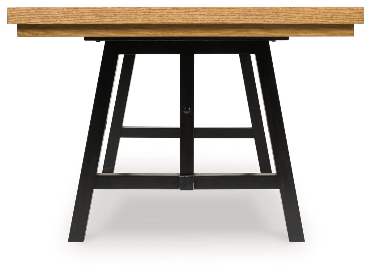 Rectangular dining table underside with black metal frame and brown top panel