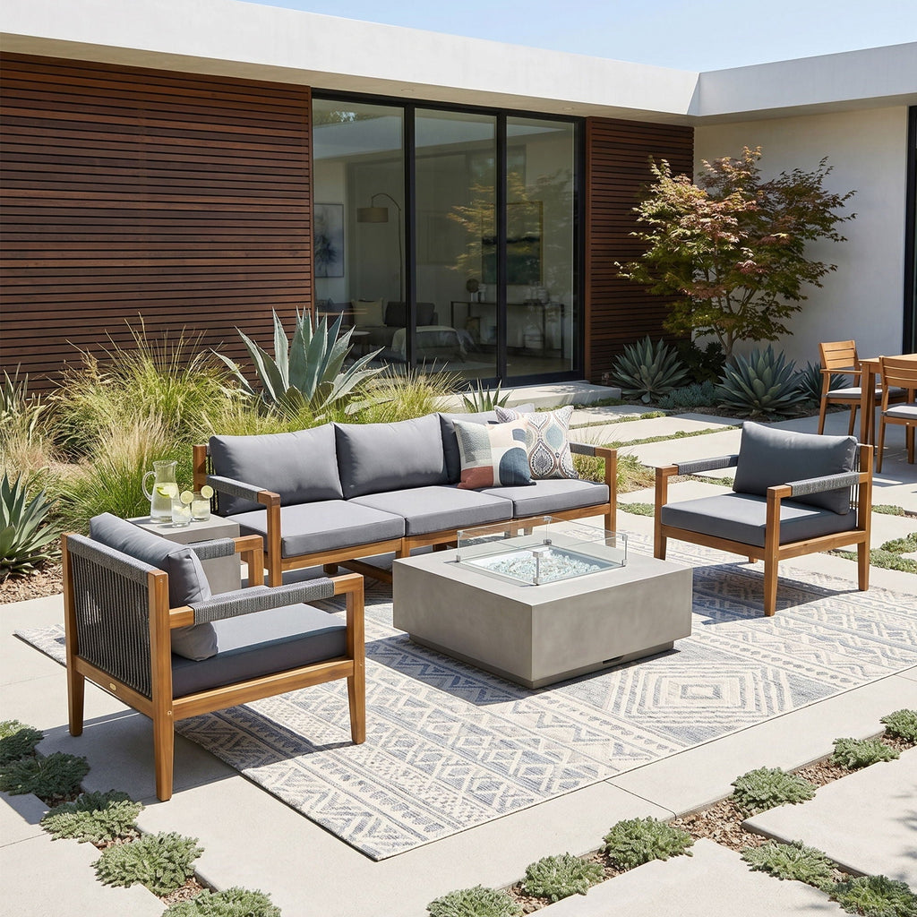 Outdoor sectional sofa set with gray cushions on acacia frames, including two chairs